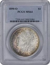 1890-O Morgan Silver Dollar MS64 PCGS Dark Grey & Blue Toned Reverse Red & Blue Side Obverse