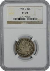 1911-D Barber Silver Quarter VF30 NGC