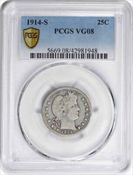 1914-S Barber Silver Quarter VG08 PCGS