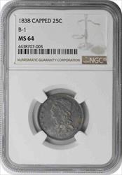1838 Bust Silver Quarter MS64 NGC