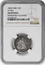 1848/1848 Liberty Seated Silver Quarter AU Details Improperly Cleaned NGC