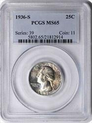 1936-S Washington Silver Quarter MS65 PCGS Toned