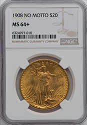 1908 $20 NO MOTTO NGC Plus Saint-Gaudens Double Eagles NGC MS64+