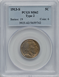 1913-S Type Two Buffalo Nickels PCGS MS62
