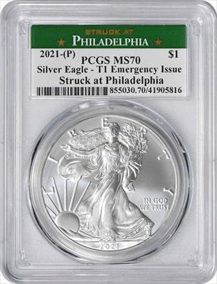 2021-(P) $1 American Silver Eagle Emergency Issue Type 1 MS70 First Strike PCGS (Struck at Philadelphia Label)