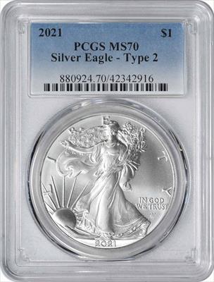 2021 $1 American Silver Eagle Type 2 MS70 PCGS
