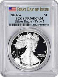2021-W $1 American Silver Eagle Type 2 PR70DCAM First Day of Issue PCGS