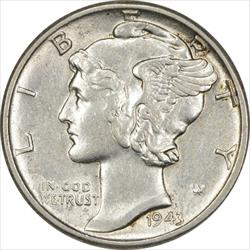 1943 Mercury Silver Dime AU Uncertified