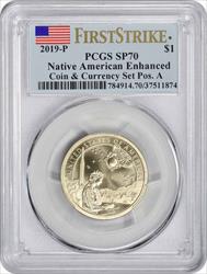 2019-P Sacagawea Native American Dollar Coin and Currency Set Position A Enhanced SP70 First Strike PCGS
