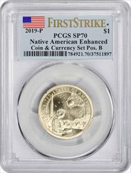 2019-P Sacagawea Native American Dollar Coin and Currency Set Position B Enhanced SP70 First Strike PCGS