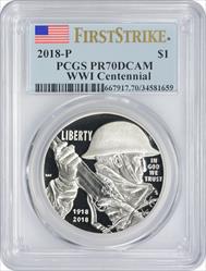 2018-P World War I Centennial Commemorative Silver Dollar PR70DCAM First Strike PCGS