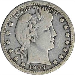 1909 Barber Silver Quarter Choice VG Uncertified