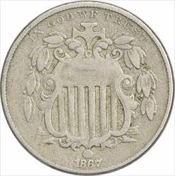1867 Shield Nickel No Rays F Uncertified