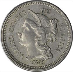 1868 Three Cent Nickel AU58 Uncertified