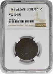 1793 Large Cent Wreath Lettered Edge VG10 NGC