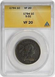 1794 Large Cent Marred Field Head of 1794 VF20 ANACS