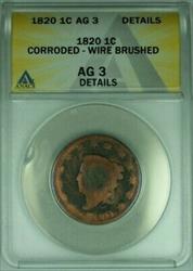 1820 Coronet Head Large Cent SmDt ANACS  Details Corroded Wire Brushed (41)