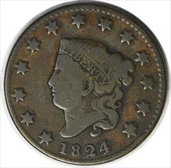 1824 Large Cent VG Uncertified #256