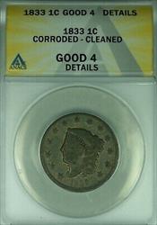 1833 Coronet Head Large Cent  ANACS GOOD-4 Details Corroded-Cleaned   (41)