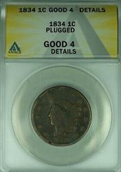 1834 Coronet Head Large Cent  ANACS GOOD-4 Details Plugged   (41)