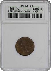 1866 Indian Cent  RB ANACS Repunched Date S-5