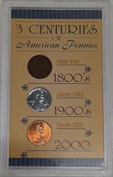 3 Centuries of American Pennies Set - 3 Coins in Plastic Holder-Avg Circ to BU