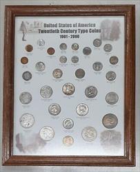 United States 20th Century Type Collection Including 14 Silver Coins in Frame