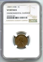 1909-S VDB Lincoln Wheat Cent Penny NGC VF Details Environmental Damage - CA742