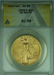 1908 D No Motto St. Gaudens $20 Double Eagle   ANACS