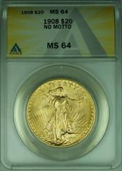 1908 No Motto St. Gaudens $20 Double Eagle   ANACS  (A)