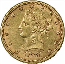 1881 $10  Liberty Head AU Uncertified #245