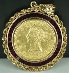 1889 S Liberty $10 Eagle   Ruby 14K Rope Bezel Pendant for Necklace