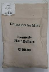 2001 P&D Kennedy Half  $100 Mint Sealed Bag  200 BU s