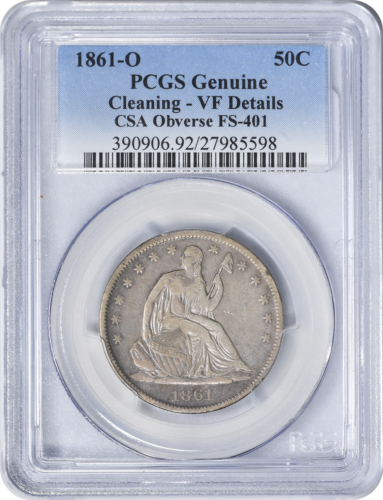 1861 O Liberty Seated Half  CSA Obverse FS 401 Cleaning  VF Details PCGS