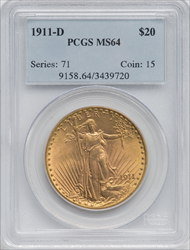 1911-D $20 Saint-Gaudens Double Eagles PCGS MS64