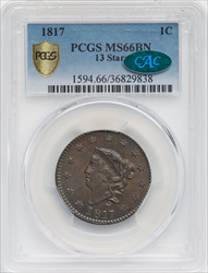 1817 13 Stars BN CAC PCGS Secure Large Cents PCGS MS66