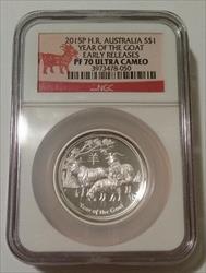 Australia 2015 P 1 oz Silver Dollar Year of the Goat High Relief Proof PF70 UC NGC ER Low Mintage