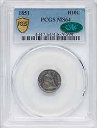 1851 H10C CAC PCGS Secure Seated Half Dimes PCGS MS64