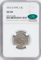 1913-S Type Two CAC Buffalo Nickels NGC AU58