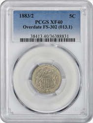 1883/2 Shield Nickel Overdate FS-302 EF40 PCGS