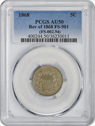 1868 Shield Nickel Reverse of 1868 FS-901 AU50 PCGS