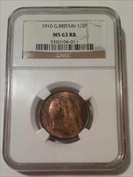 Great Britain Edward VII 1910 1/2 Penny MS63 RB NGC