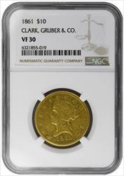 1861 $10 Clark Gruber Colorado Gold NGC VF30