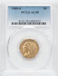 1909-S $5 Indian Half Eagles PCGS AU58