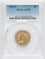 1915-S $5 Indian Half Eagles PCGS AU58