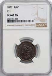 1857 1/2 C C-1 BN MS Half Cents NGC MS63