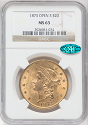 1873 $20 OPEN 3 CAC Liberty Double Eagles NGC MS63