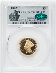 1862 $3 DC CAC PCGS Plus Proof Three Dollar Gold Pieces PCGS PR65+