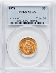1878 $3 Three Dollar Gold Pieces PCGS MS65