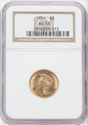 1854 $3 Three Dollar Gold Pieces NGC AU58
